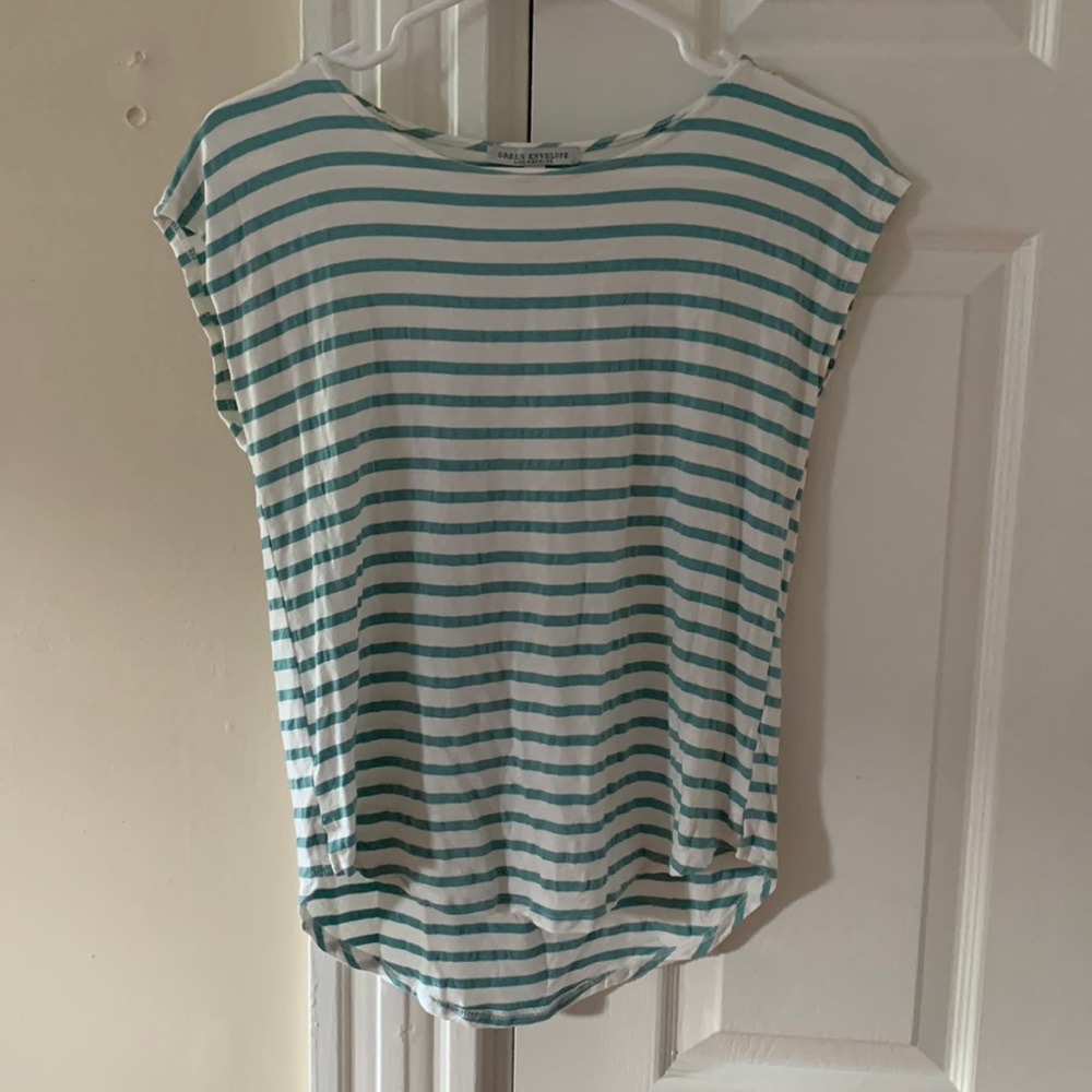 White and teal striped shirt